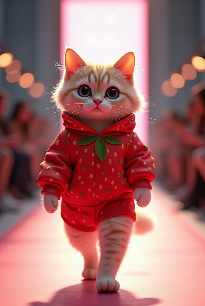 (photorealism:1.2), cute cat wearing strawberry suit walking on the runway 