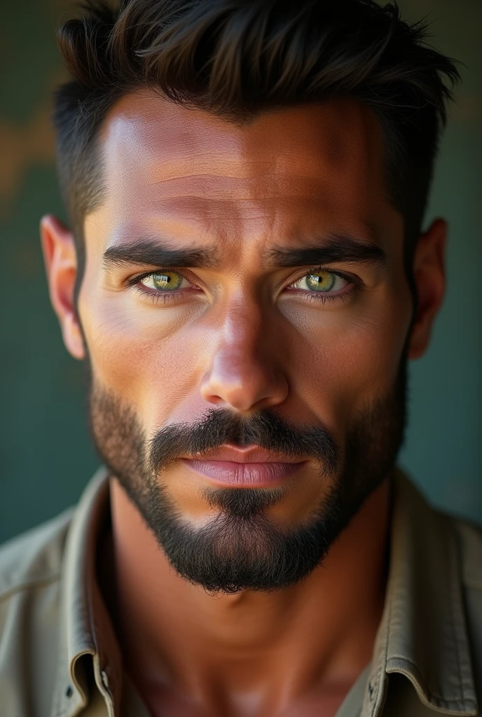 (Photorealism:1.2), handsome tanned guy, cheveux noirs courts, with green eyes and beard