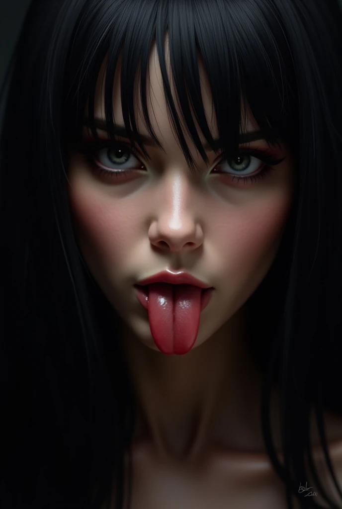 Close-up of a beautiful black-haired woman with a blank look and tongue out