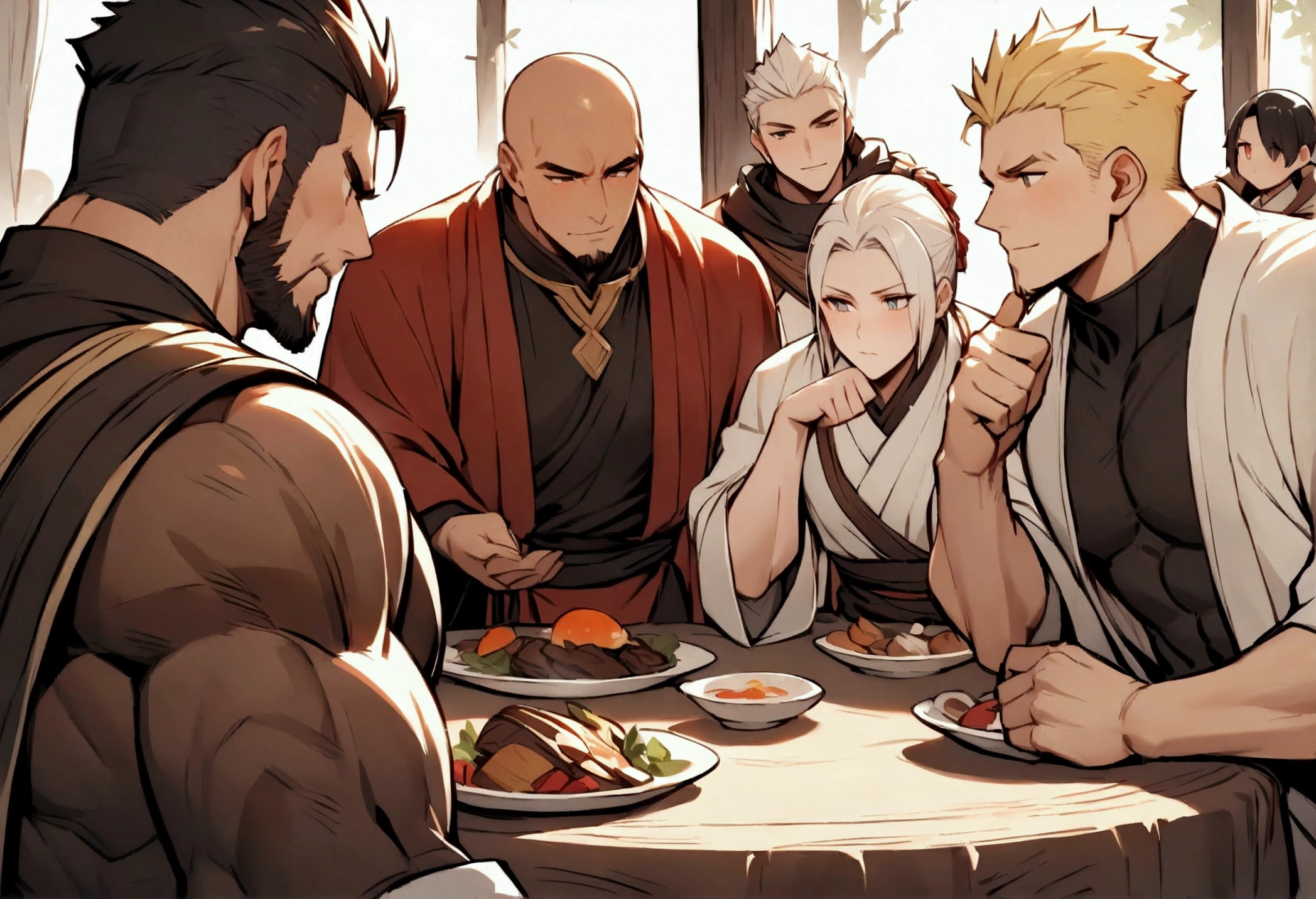 Highest quality、(muscular male:1.3)、(father:0.7)、guy、4boys、Fantasy、guild、White-haired warrior、Red Haired Monk、Black-haired mage、Blonde monk、Having a conversation