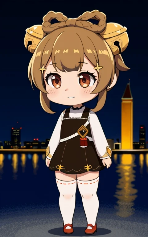  fullcg,Best quality,highest quality, 8k,Soft lighting, Confused, Looking at the audience, alone, smile, Knee socks, Yaoyao Genshin Impact | Character Lora 223,((low length:1.5)),((chibi:1.5)),(()),1girl,difficult,cowboy shot,Beautiful cityscape,cute pussy,(standing:1.6),(Front facing:1.5),pretty costume,brownhair,