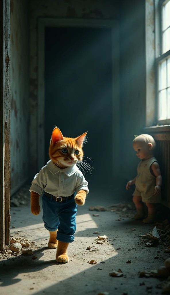 Start with an orange cat wearing white shirt blue pant and wandering through a dimly lit, abandoned house. The camera follows the cat as it slowly pads across the dusty floor. Suddenly, the cat stops and stares at a dark corner where an old, tattered doll is sitting.As the cat approaches the doll, strange whispers fill the air.