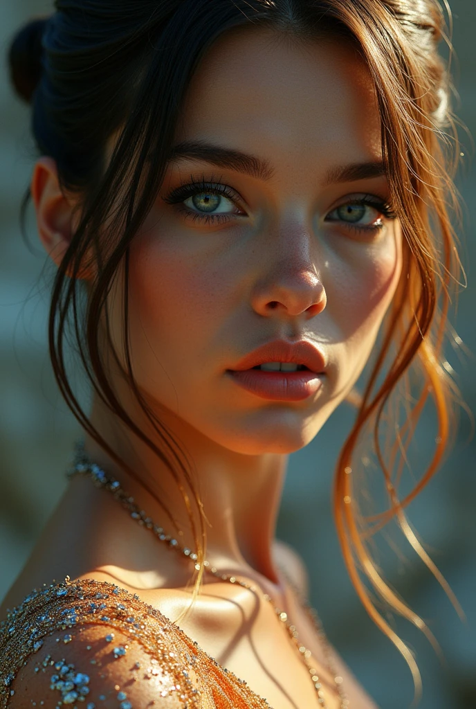 RAWphotograph, Partial body of the goddess of speed and precision, Amazing eyes that pierce your soul, Wearing elegant clothing with shiny details, Curvy and sexy, colorful, Very detailed skin with visible pores, She has secret knowledge about the fundamental nature of reality, Natural Breasts, Ample cleavage, Specular Highlights, Future Technology, Space motif, Minimalist Composition, Very intricate detail, Award-winning art, Ray Tracing, Sharp focus, 8k, High resolution, masterpiece, photograph, Digital SLR, Kodachrome, 35mmphotograph, Analog Film, Professional, Very detailed