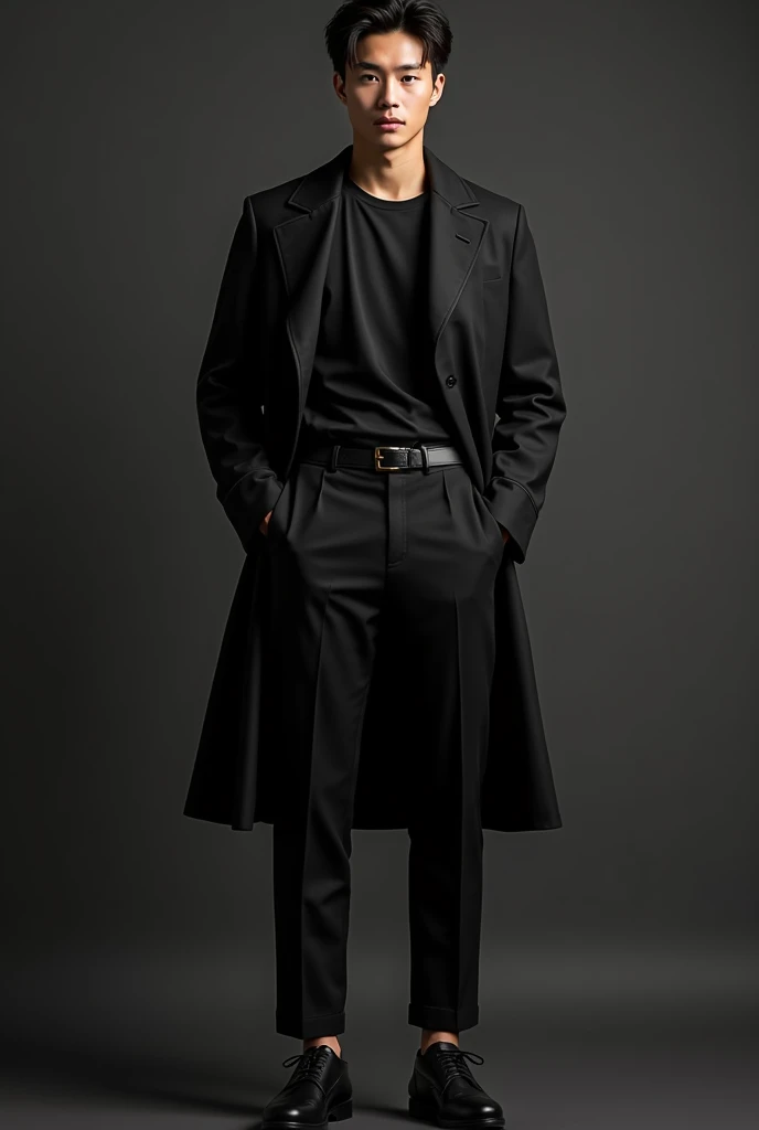 suggest some black outfit for mens , consist of black t -shirt and one jacket or coat with pants and waist belt western or korean style fashion for wear