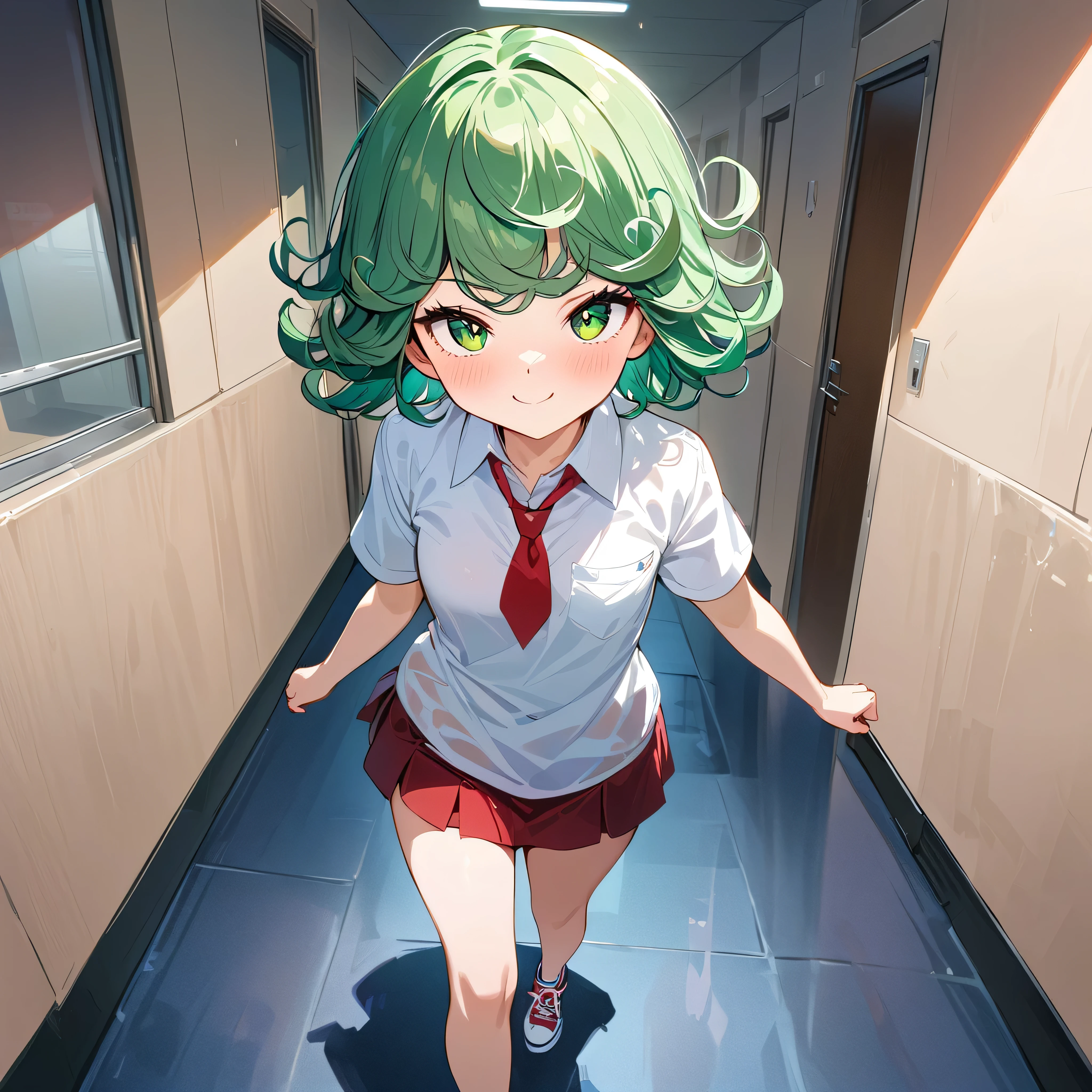 (high res, 8K, masterpiece, looking at viewer, best quality, very aesthetic, ultra detailed, ultra background, ultra Eyes) intricate details, 1girl, Tatsumaki, White short sleeve shirt, Pockets on the left side of the chest, Red short skirt, Red short tie, Sneaker Shoes, Green Short hair, Green Eyes, Walking in the school hallway ,Cheeks Flushed, Smile Face, Background School Hallway, Cinematic Angle