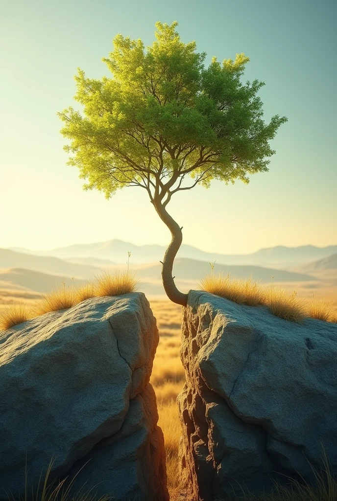 A striking, high-resolution photo captures a massive stone split in half, with a resilient tree sprouting from the crack. The tree's slender branches reach for the sky, while its leaves shimmer with a vibrant green hue. The backdrop is an expansive, serene landscape that extends into the horizon, illuminated by a warm, golden light. This captivating image symbolizes the emergence of life from solidity, embodying the power of growth and renewal that can break through even the most unyielding surfaces., cinematic, vibrant, poster, photo. By Sasan