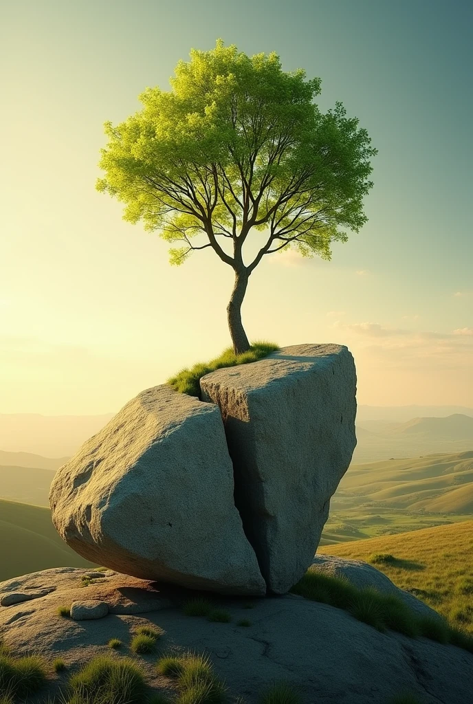 A striking, high-resolution photo captures a massive stone split in half, with a resilient tree sprouting from the crack. The tree's slender branches reach for the sky, while its leaves shimmer with a vibrant green hue. The backdrop is an expansive, serene landscape that extends into the horizon, illuminated by a warm, golden light. This captivating image symbolizes the emergence of life from solidity, embodying the power of growth and renewal that can break through even the most unyielding surfaces., cinematic, vibrant, poster, photo. By Sasan