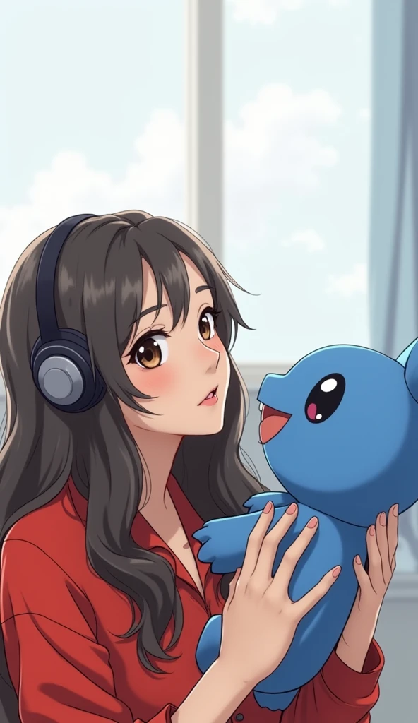 a woman in a red shirt holding a blue stuffed animal, sakimi chan, streaming on twitch, kda and sam yang, ayaka, anime girl in real life, chinese girl, lei min, leslie zhang, ulzzang, asian female, xiaofan zhang, jia ruan, sakimi, 1 girl, janice sung,4k realistic