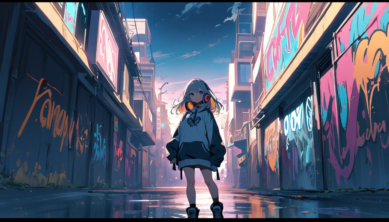 cute, Lonely, 1 female, Medium length hair, Gray Hair, Rainbow Hair, blue eyes, Rainbow Headphones, Futuristic, Panorama, At night, avert your eyes, color hoodie, human center, Outdoor, White cloud, graffiti Popularity spray art wall Panorama,