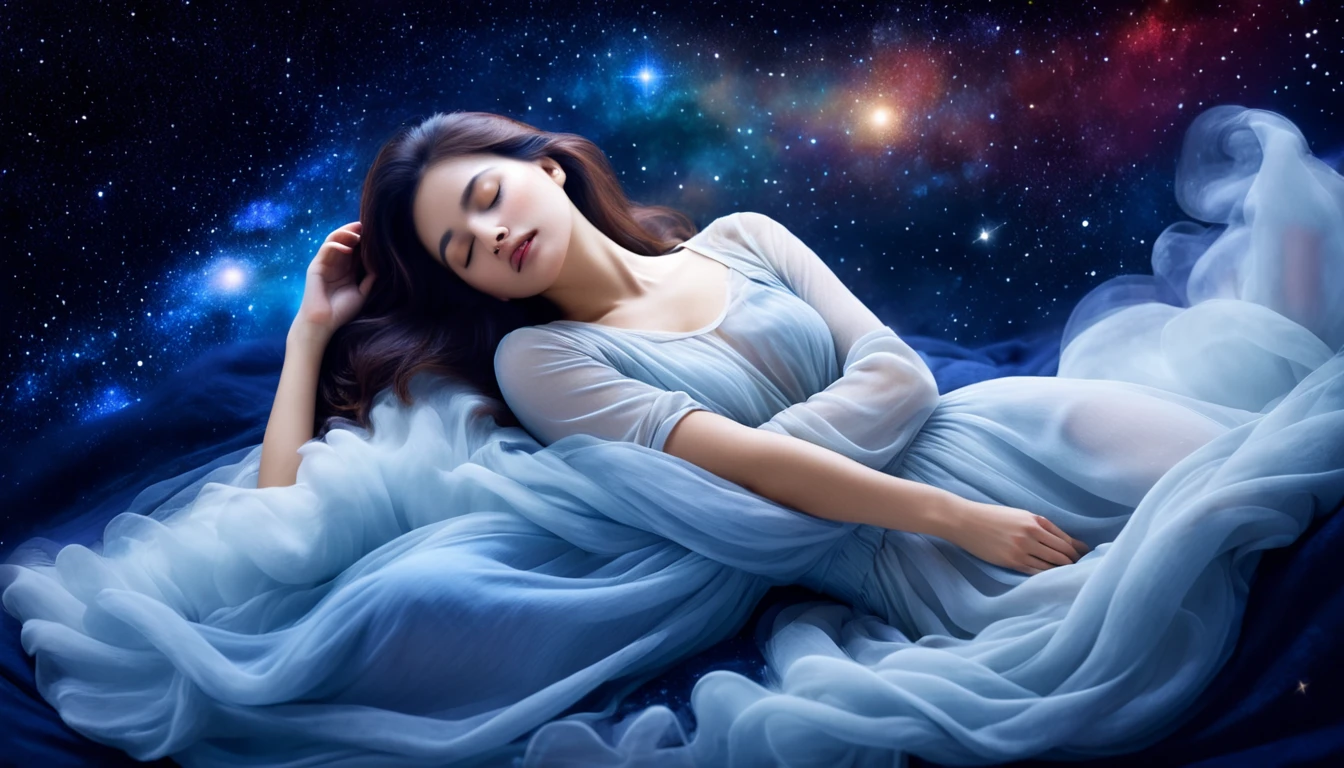 A beautiful woman with a beloved aura sleeping in outer space