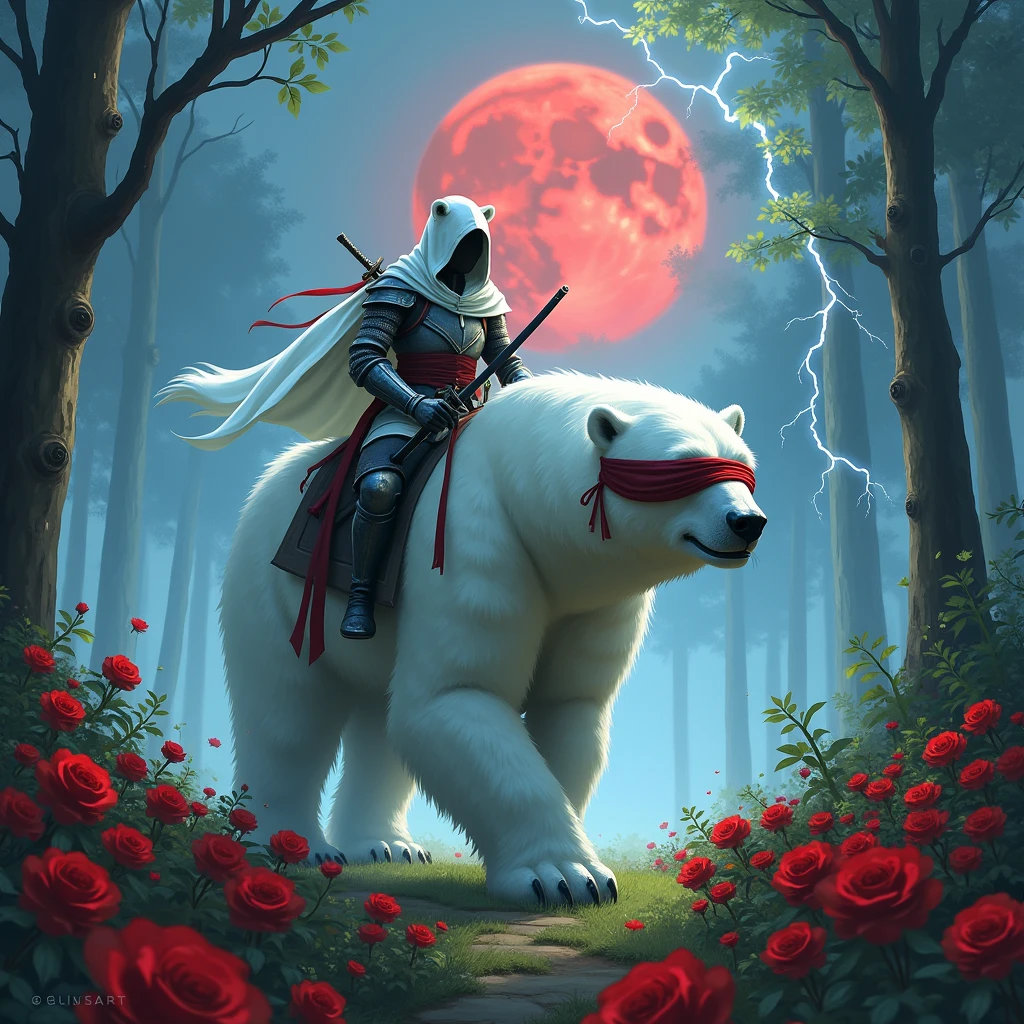Epic picture, in it a male knight with a white hood with bear ears and a katana at his back is riding a polar bear in a forest while the moon shines, many Roses cover the ground and lightning falls from the sky. Only the man wears a red blindfold. In the background of the picture is the blood moon.