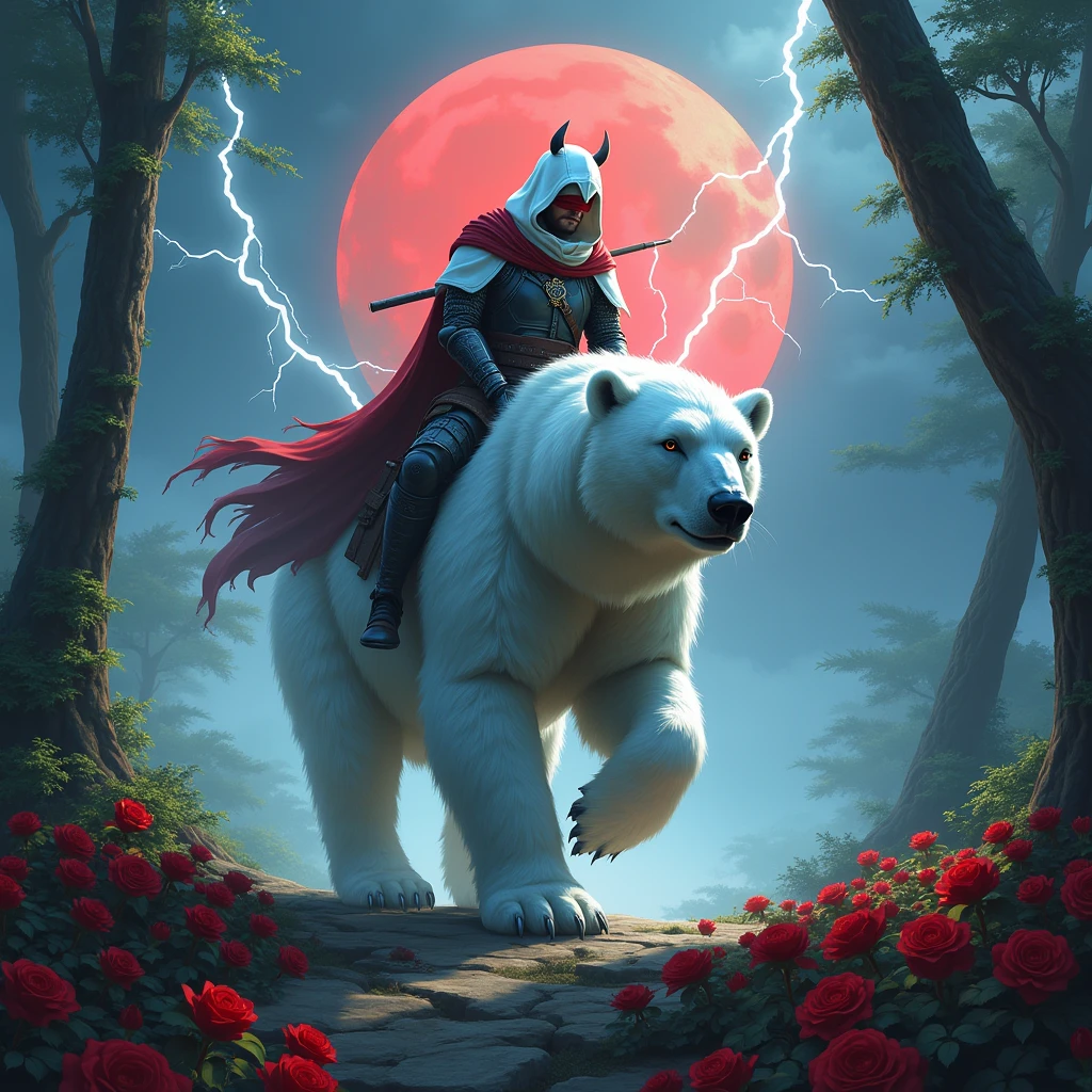 Epic picture, in it a male knight with a white hood with bear ears and a katana at his back is riding a polar bear in a forest while the moon shines, many Roses cover the ground and lightning falls from the sky. Only the man wears a red blindfold. In the background of the picture is the blood moon.