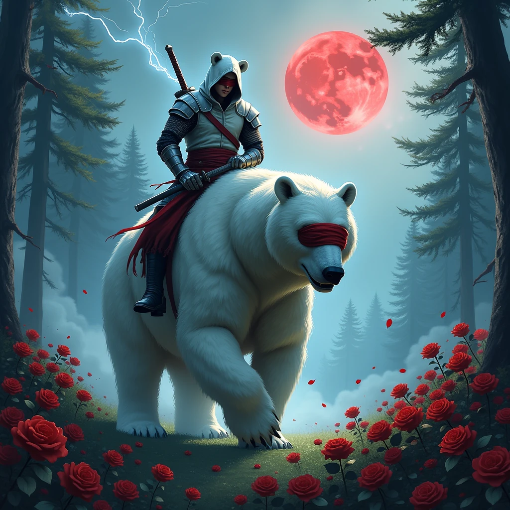 Epic picture, in it a male knight with a white hood with bear ears and a katana at his back is riding a polar bear in a forest while the moon shines, many Roses cover the ground and lightning falls from the sky. Only the man wears a red blindfold. In the background of the picture is the blood moon.