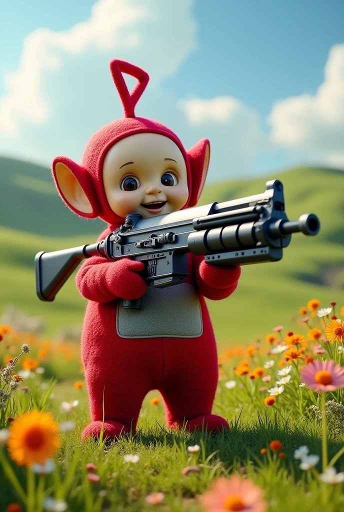 A Teletubbies with a mini gun