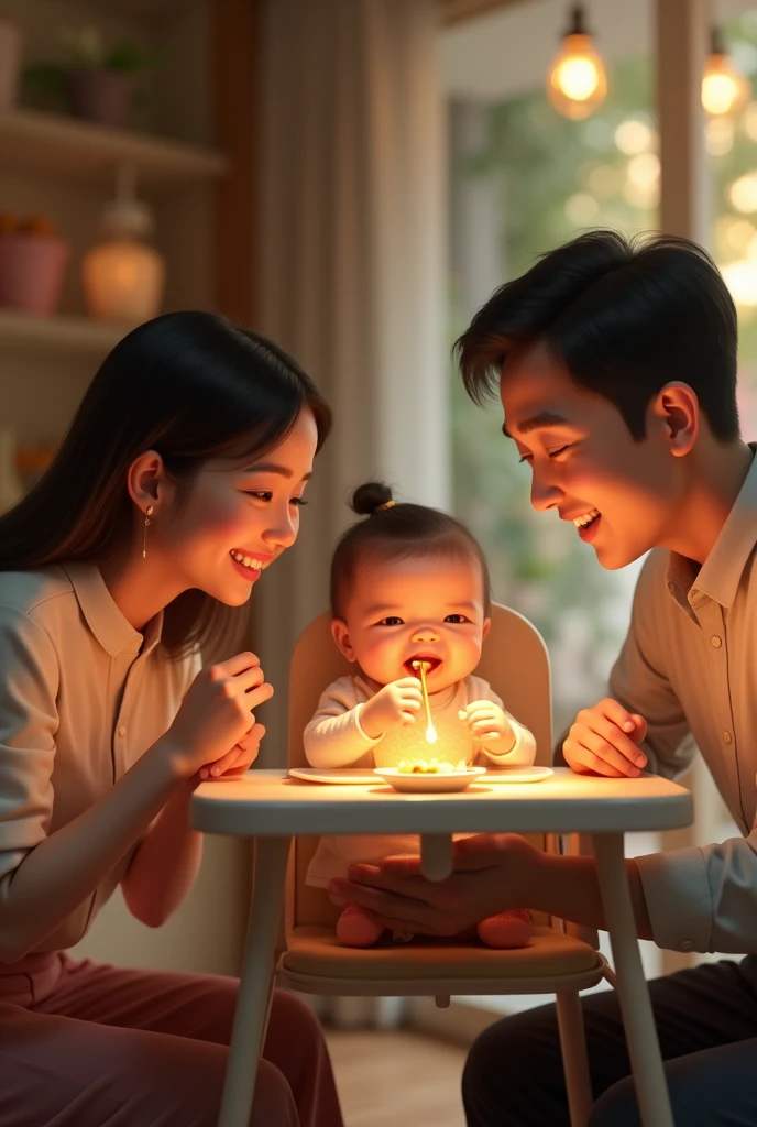 A father and mother from Indonesia celebrate the 6th month of their first baby daughter.. The first day the baby can consume solid food. The child is sitting in a baby chair looking happy and laughing.. 3D hyper realistic