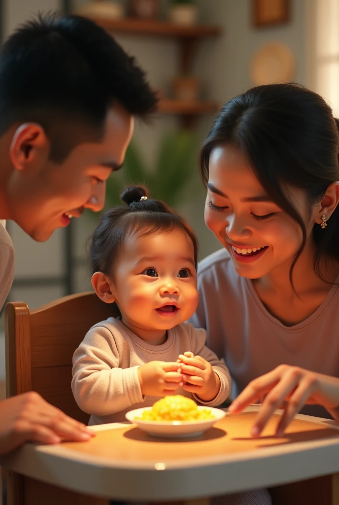 A father and mother from Indonesia celebrate the 6th month of their  daughter.. The first day the baby can cme solid food. The child is sitti a baby chair looking happy and laughing.. 3D hyper realistic