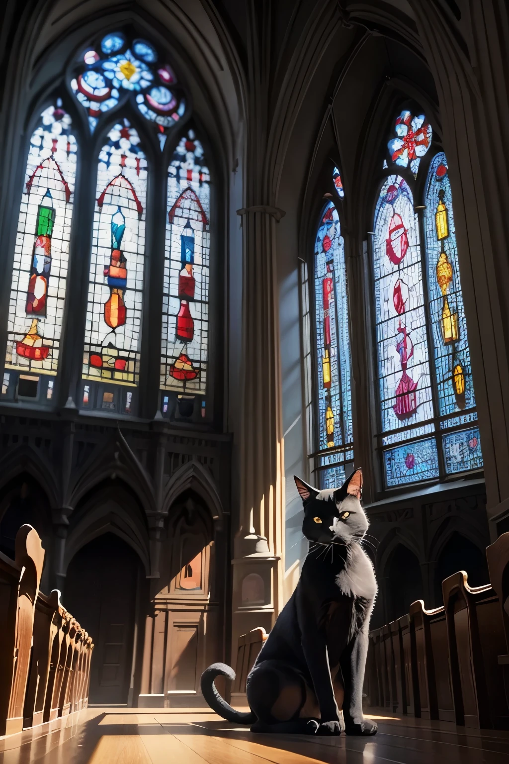 A black cat sits in front of a large stained glass window in a church.、Colorful beautiful stained glass、Black cat with big blue eyes、High resolution, masterpiece, Retina,