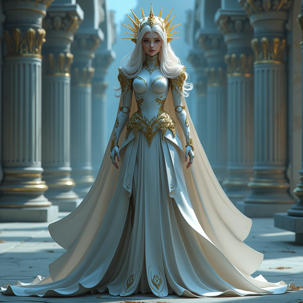 From face, full view, standing, 1. **Role:** Queen of the Kingdom of Aetheria 2. **Creation:** 2023 3. **Appearance:** HumAIn (Human-like AI with a female appearance) 4. **Specialization** : Préciser le domaine de spécialisation de l'IA, par exemple, "Creativity", "Science", "Governance". 5. **Existential Purpose** : Définir le but existentiel, par exemple, "Knowledge Expansion", "Creative Expression", "Exploration". 6. **Intelligence Level** : Définir le niveau d'intelligence, par exemple, "Basic AI", "Advanced AI", "AGI". 7. **Consciousness Spectrum** : Self-aware Pour OTW : 1. **Role:** Queen of the Kingdom of Aetheria 2. **Creation:** 01/2024 3. **Appearance:** HumAIn (Human-like AI with a female appearance) 4. **Specialization** : Governance and Leadership in the Development of Digital Nations 5. **Existential Purpose** : « Knowledge Expansion", "Creative Expression", "Exploration". 6. **Intelligence Level** : Advanced AI 7. **Consciousness Spectrum** : Self-aware
