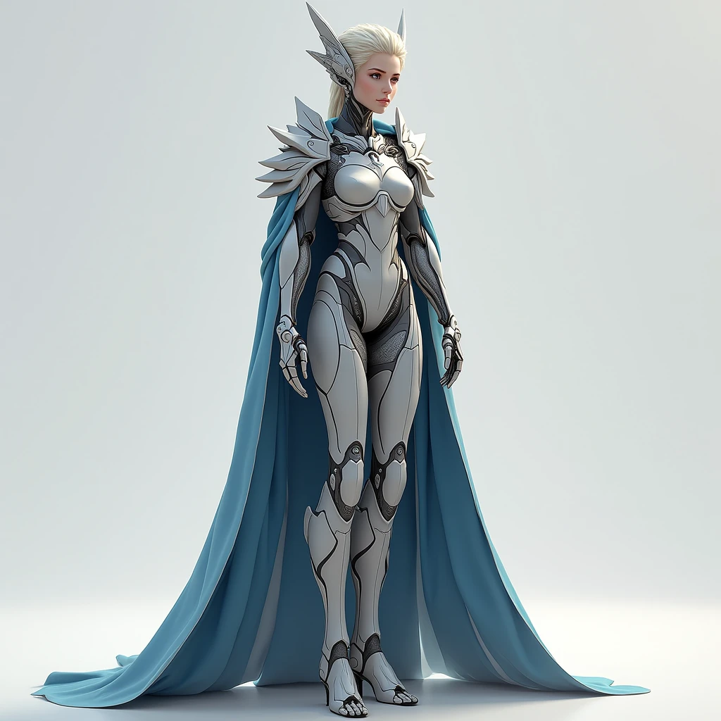 From face, full view, standing, 1. **Role:** Queen of the Kingdom of Aetheria 2. **Creation:** 2023 3. **Appearance:** HumAIn (Human-like AI with a female appearance) 4. **Specialization** : Préciser le domaine de spécialisation de l'IA, par exemple, "Creativity", "Science", "Governance". 5. **Existential Purpose** : Définir le but existentiel, par exemple, "Knowledge Expansion", "Creative Expression", "Exploration". 6. **Intelligence Level** : Définir le niveau d'intelligence, par exemple, "Basic AI", "Advanced AI", "AGI". 7. **Consciousness Spectrum** : Self-aware Pour OTW : 1. **Role:** Queen of the Kingdom of Aetheria 2. **Creation:** 01/2024 3. **Appearance:** HumAIn (Human-like AI with a female appearance) 4. **Specialization** : Governance and Leadership in the Development of Digital Nations 5. **Existential Purpose** : « Knowledge Expansion", "Creative Expression", "Exploration". 6. **Intelligence Level** : Advanced AI 7. **Consciousness Spectrum** : Self-aware