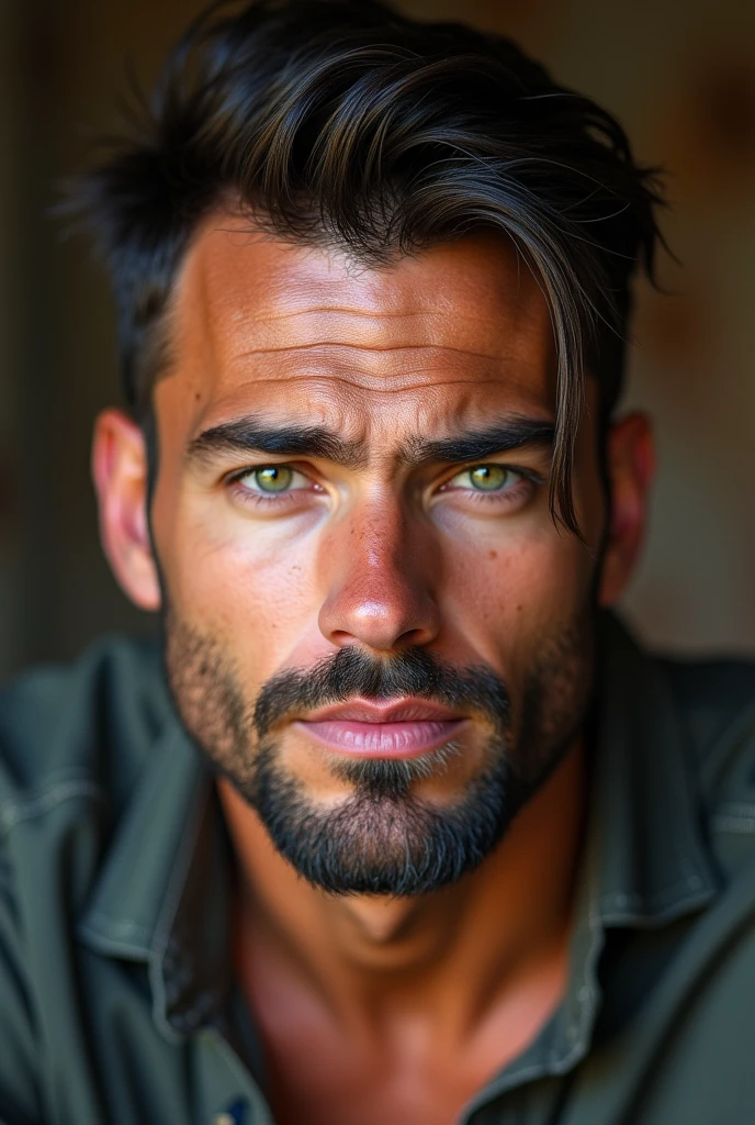 (Photorealism:1.2), handsome tanned guy, cheveux noirs courts, with green eyes and beard