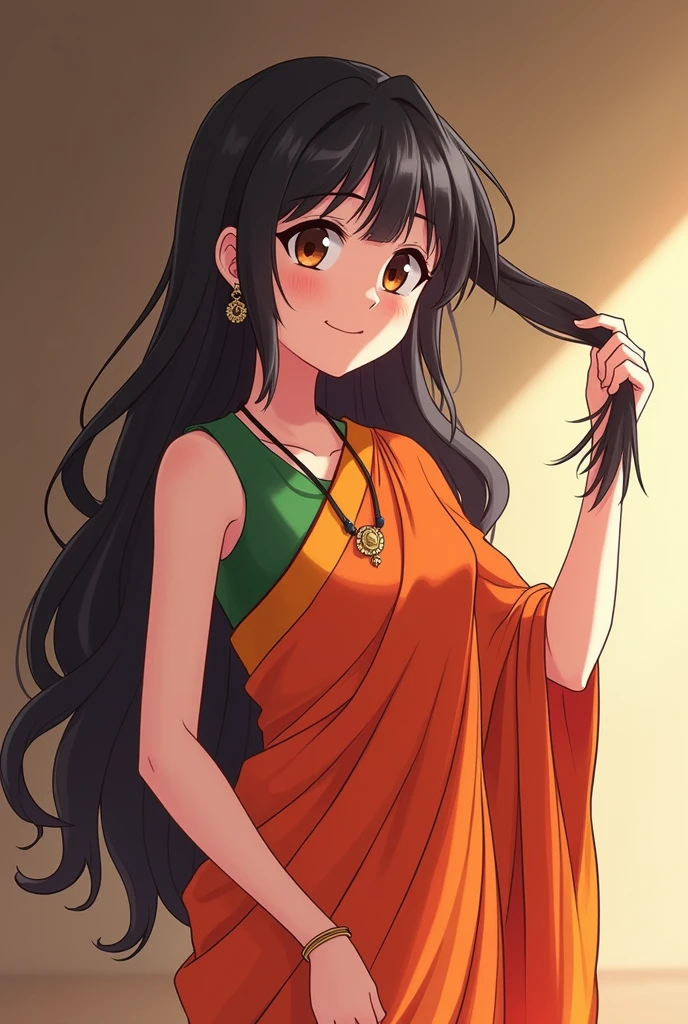 Hinata hyuga in anime Indian saree with smile and set her hair with hand