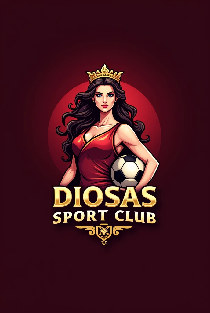 Football team logo in burgundy with gold with a Goddess called Diosas Sport club and a soccer ball