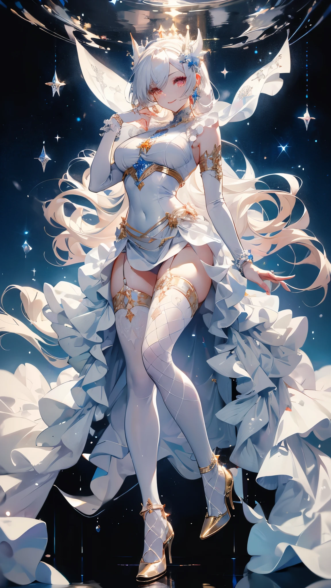 ((masterpiece, best quality)),goddess,Royal sister,Pure white background,Detailed face,Smile,whole body,Perfect body proportions,Glowing milky white eyes,sexly,Tattoo,extremely beautiful,transparent,High heel,Fishnet stockings,Star decoration,
