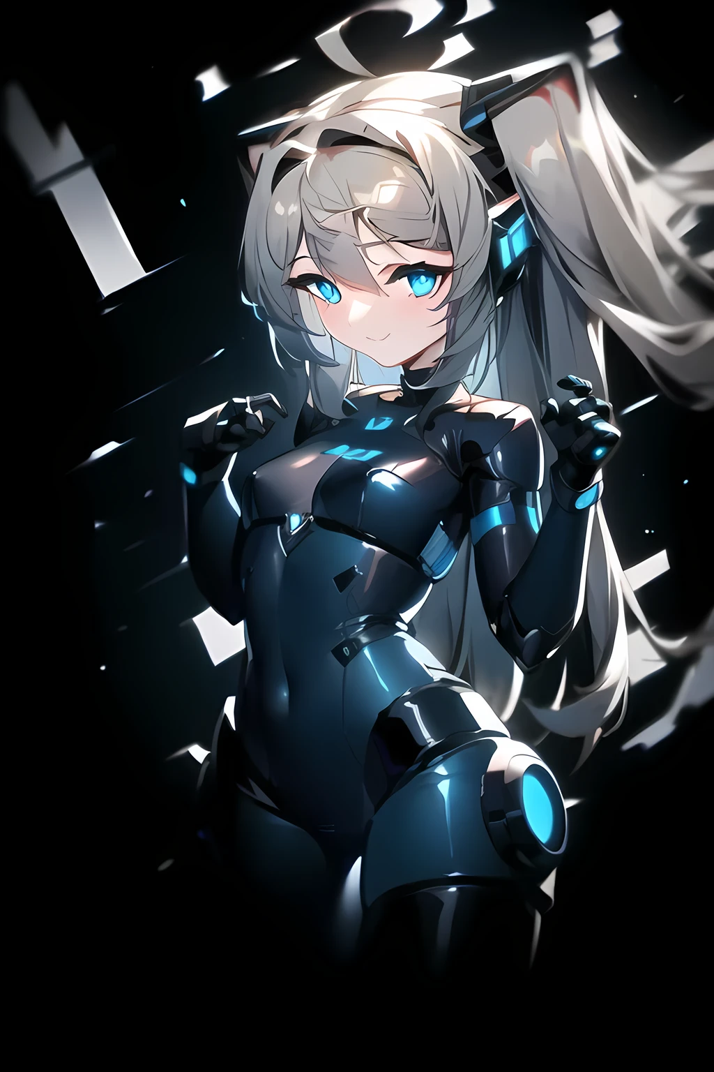 anime girl with blue eyes and long hair in a futuristic outfit, smiling at viewer, android heroine, fully robotic!! catgirl, anime manga robot!! anime girl, fully robotic!! girl, nanogirlv 2, cybersuits, girl in mecha cyber armor, perfect android girl, cyber suit, cybersuit, cyberpunk anime girl mech, kda, anime girl of the future, nightcore, closed hands