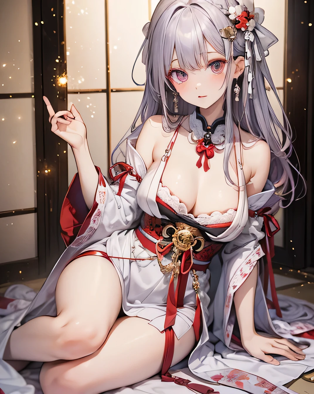 (Highest quality:1.4), High resolution, masterpiece, Detailed, One beautiful woman, Light purple hair, Purple eyes, Beautifully detailed face, Beautiful attention to detail, Mid-chest, Naked thin thighs,, hair ornaments, (red|White Japanese shrine maiden outfit), red面, shrine, Detailed face,