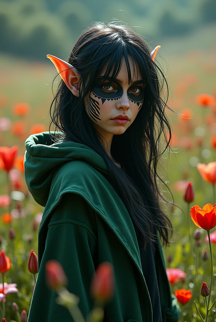 elf, 1 girl, body art, skeleton makeup, dynamic angle, dynamic light, skeleton makeup, mexican makeup, green cape, short hair, black hair, tousled hair, flower field, black hoodie, , nude