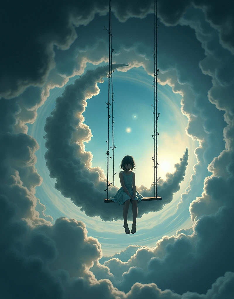 Double Exposure, Girl sitting on swing on crescent moon, Sunset, masterpiece, art, by Andreas Lee, Bojan Jevtic 和 Ashley Wood, spiral world of darkness and light, day and night, Micro Crescent, Night Sky, surrounding clouds, actual, whimsical, extremely good, splash art, Intricate details, Super detailed, minimalist, Psychedelic, post apocalyptic, photoactual, concept art, Dynamic lighting, sharp focus