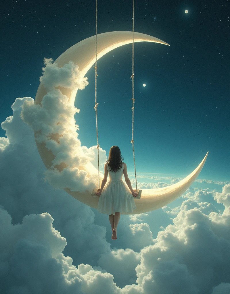 Double Exposure, Girl sitting on swing on crescent moon, Sunset, masterpiece, art, by Andreas Lee, Bojan Jevtic 和 Ashley Wood, spiral world of darkness and light, day and night, Micro Crescent, Night Sky, surrounding clouds, actual, whimsical, extremely good, splash art, Intricate details, Super detailed, minimalist, Psychedelic, post apocalyptic, photoactual, concept art, Dynamic lighting, sharp focus