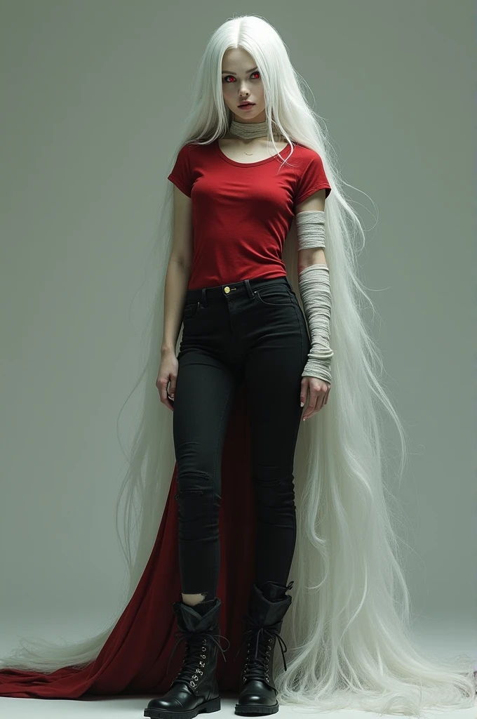 pale skin girl, long white hair down to behind the knees, white eyelashes, completely red eyes with white pupils, robust muscular seaweed, red t-shirt unbuttoned a little, bandages on the neck and arms up to the knuckles, Black pants, black boots, with a scar on the nose.