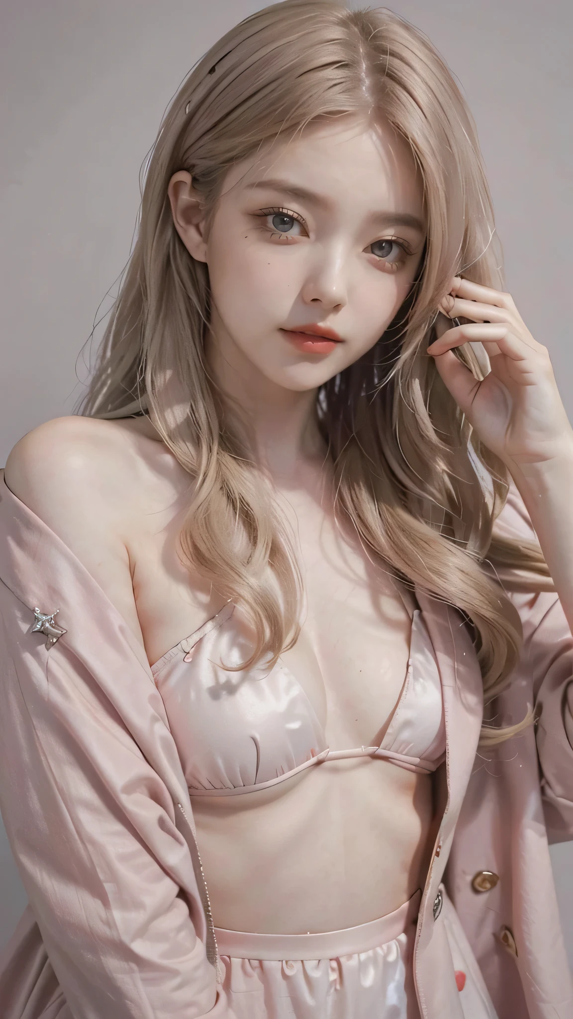 Girl wearing, luxury pink coat, shoulder length hair, wavy hair, glowing skin, star in eye, red lips, grey background, cute poses , upper body, light blonde hair