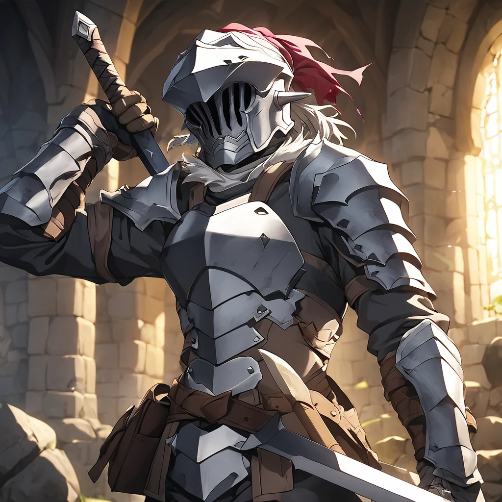 1male, goblin slayer \(goblin slayer!\), goblin slayer!, armor, holding sword, ショートソード、スモールシールド、傷だらけの鎧、 ダンジョン内  break masterpiece、Beautiful attention to detail:1.2, Perfect lighting, (perfect hand, perfect anatomy), Precise depiction、Vibrant colors