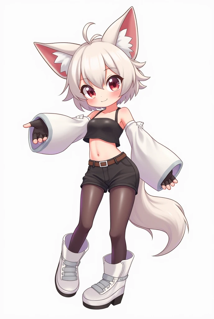 1 girl, cute girl, short white hair ,ahoge, crop top, chest, neckline, bare shoulders, bare stomach, separate white sleeves, black fingerless gloves, black short shorts, belt, stockings, hip strap, white long iron shoes,fox ears fox tail,cute girl with ears