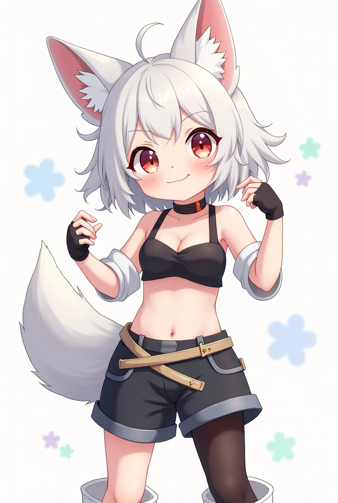 1 girl, cute girl, short white hair ,ahoge, crop top, chest, neckline, bare shoulders, bare stomach, separate white sleeves, black fingerless gloves, black short shorts, belt, stockings, hip strap, white long iron shoes,fox ears fox tail,cute girl with ears