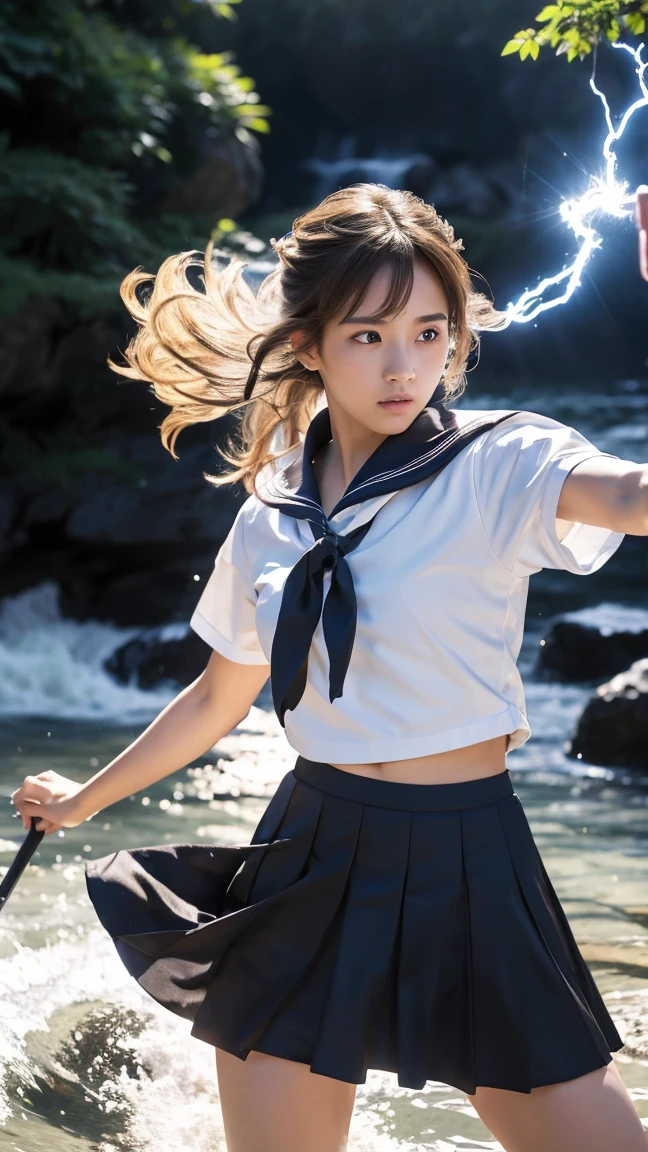 (Ultra HD, Highest quality, High resolution, Surreal, so beautiful), 24000dpi, (Holding the Japan sword, Bidirectional, Electric shock), Charge Move, Special Move Stance, All-in-one, dance, Beautiful woman, Long Tail, Well-formed eyes, greatest visual acuity, 1, Fascinating, Totally American, Perfect body, Physical Beauty, (Sailor suit, mini skirt),whole body
