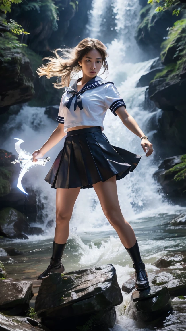 (Ultra HD, Highest quality, High resolution, Surreal, so beautiful), 24000dpi, (Holding the Japan sword, Bidirectional, Electric shock), Charge Move, Special Move Stance, All-in-one, dance, Beautiful woman, Long Tail, Well-formed eyes, greatest visual acuity, 1, Fascinating, Totally American, Perfect body, Physical Beauty, (Sailor suit, mini skirt),whole body