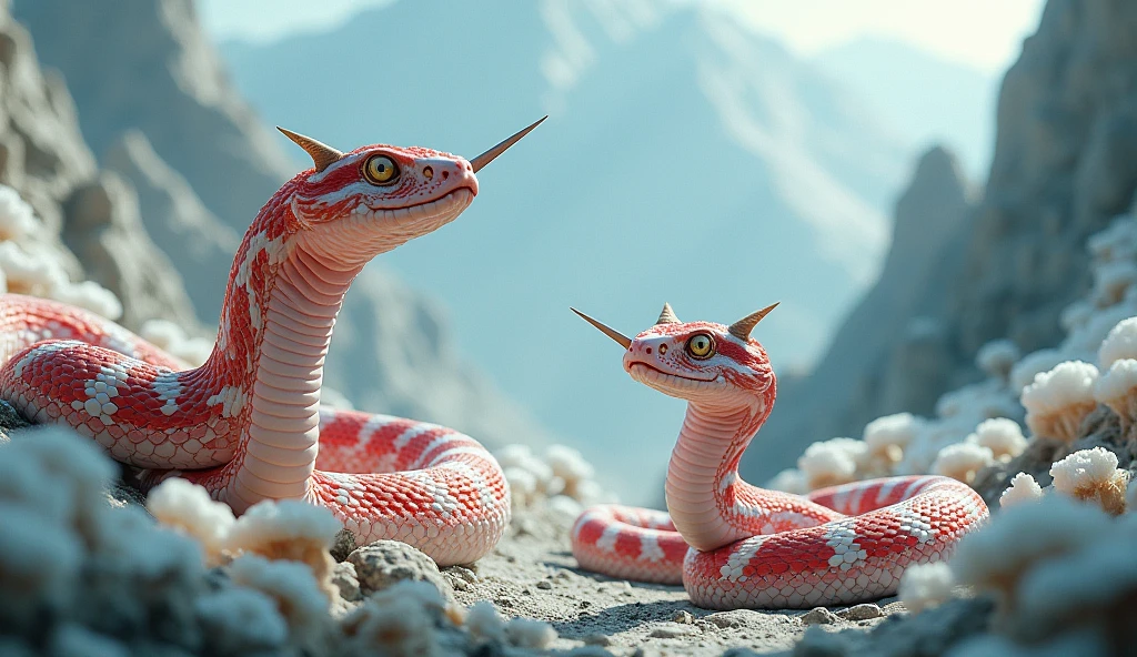 There are many white jades on the mountain,There are also many pit vipers with red and white rings and a spike on their noses.(best quality,4K,8k,High level,masterpiece:1.2),Ultra Detailed,(lifelike,Photo real,Photo real:1.37)