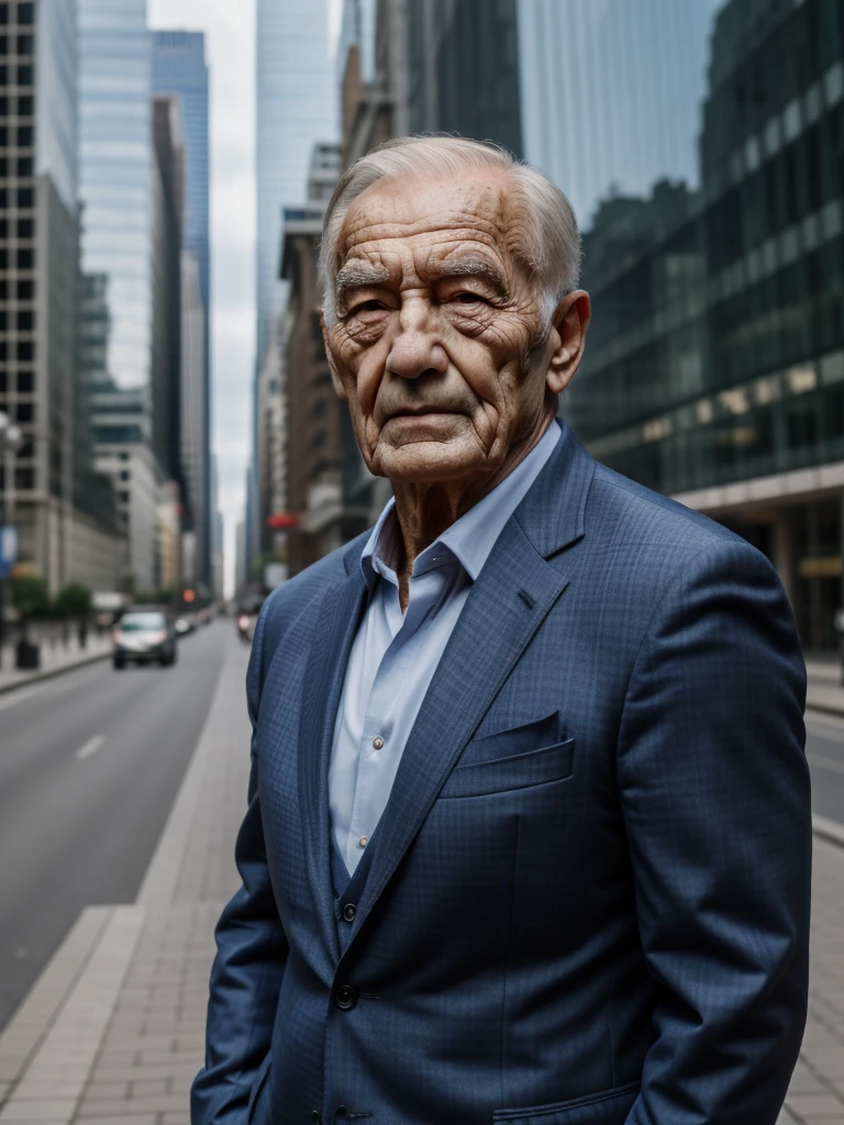 a muscular old man ,wearing a suit, standing in a city background, (best quality,4k,8k,highres,masterpiece:1.2),ultra-detailed,,detailed wrinkles,detailed facial features,detailed texture, half body, halfbody