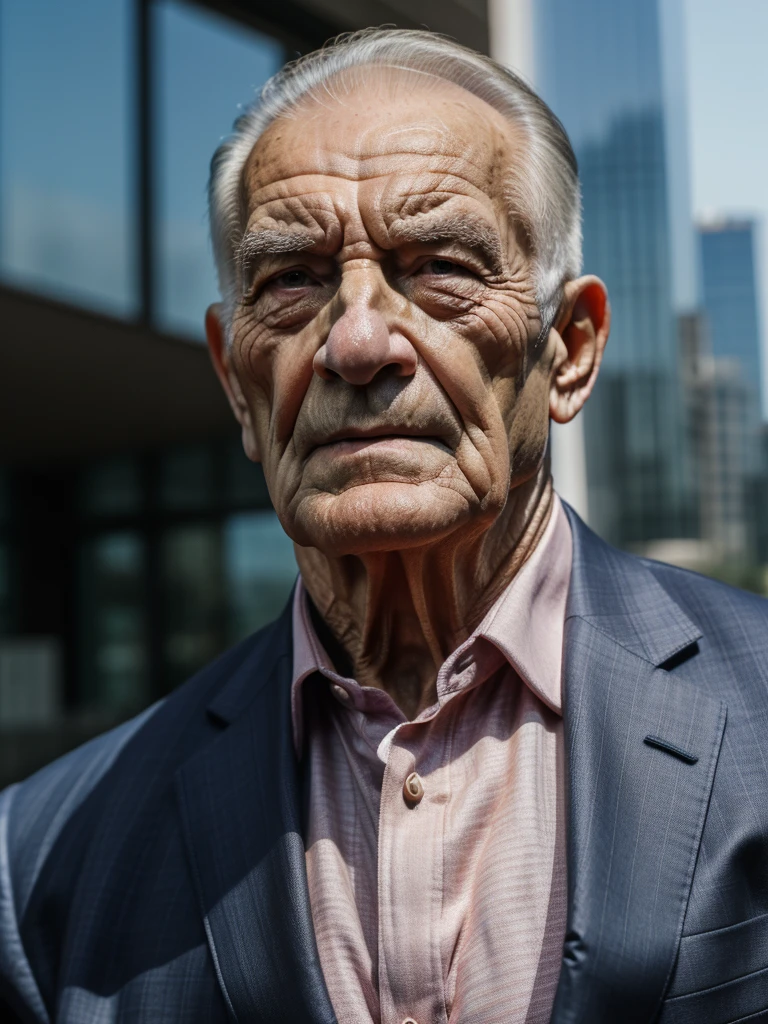 a muscular old man ,wearing a suit, standing in a city background, (best quality,4k,8k,highres,masterpiece:1.2),ultra-detailed,,detailed wrinkles,detailed facial features,detailed texture, half body, halfbody