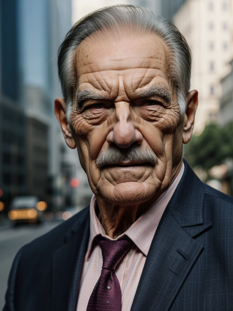 a muscular old man ,wearing a suit, standing in a city background, (best quality,4k,8k,highres,masterpiece:1.2),ultra-detailed,,detailed wrinkles,detailed facial features,detailed texture, half body, halfbody