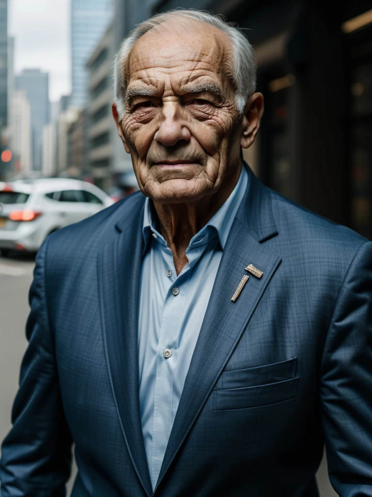 a muscular old man ,wearing a suit, standing in a city background, (best quality,4k,8k,highres,masterpiece:1.2),ultra-detailed,,detailed wrinkles,detailed facial features,detailed texture, half body, halfbody