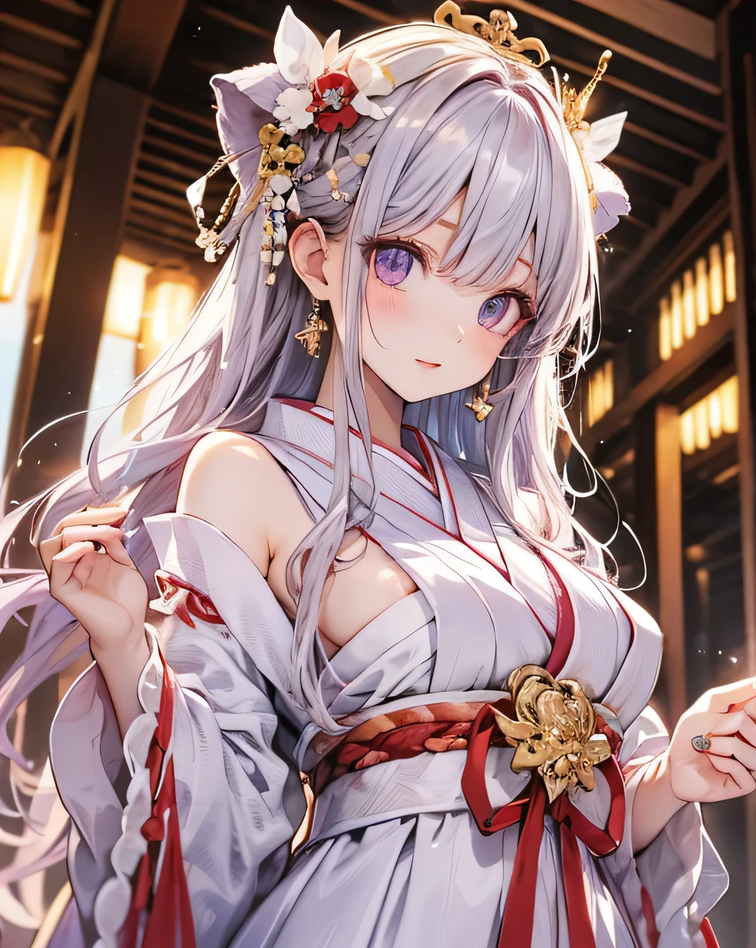 (Highest quality:1.4), High resolution, masterpiece, Detailed, One beautiful woman, Light purple hair, Purple eyes, Beautifully detailed face, Beautiful attention to detail, Mid-chest, Naked thin thighs,, hair ornaments, (red|White Japanese shrine maiden outfit), red面, shrine, Detailed face,