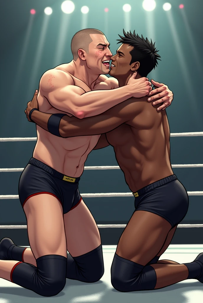 A young Japanese professional wrestler A and a senior Japanese professional wrestler B are in the ring.。They are on the same team。
A is buzzcut and muscular、Wearing short tights。Sweaty。
B is short-haired, muscular, and dark-skinned、Wearing short tights。
A and B put their knees in the ring、Keep your body in close contact、Fujifilm celebrates victory by hugging and kissing, look up, 