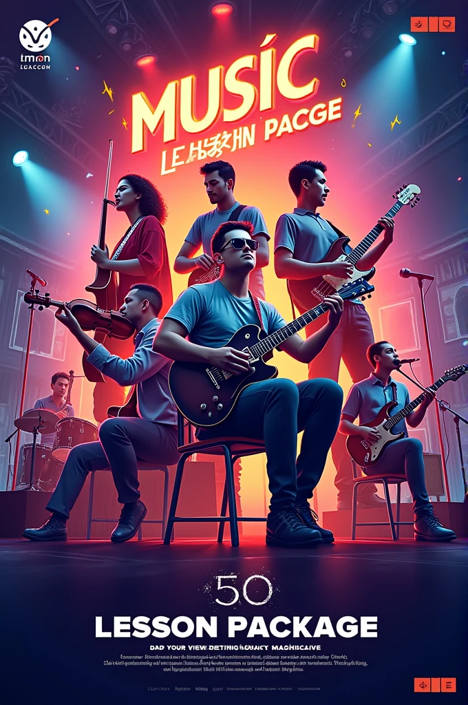 make me a poster about Guitar,ukelele,violin,drums,electric guitar,bass,guitar,piano for only 50 pesos pack of all lessons soft copy