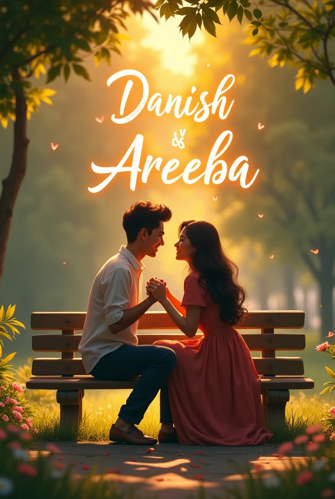 A romantic scene featuring a couple named Danish and Areeba. They are sitting together on a bench in a beautiful park during sunset. Danish is holding Areeba's hand, and they are looking into each other's eyes with smiles on their faces. The names "Danish" and "Areeba" are softly inscribed in elegant, cursive font above their heads, with a glowing effect to highlight their connection.