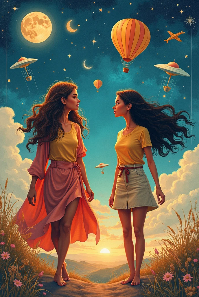 A cover for a book called borders with two women traveling and discovering new things, with representative objects such as a balloon, Ufology and self-love


