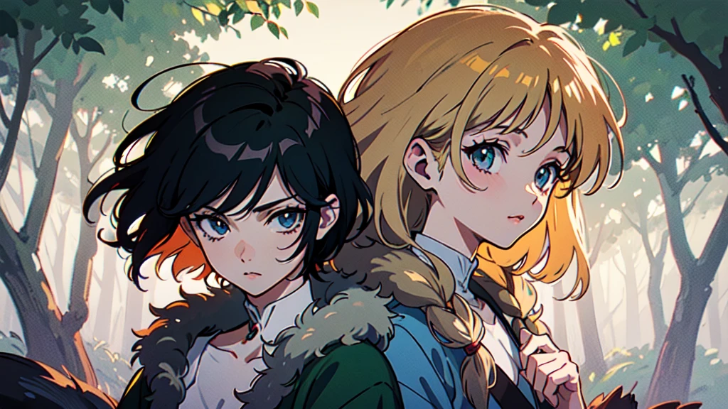 　Create an anime character in the 90s art style, inspired by classic films like Princess Mononoke. The character should have a strong, determined expression, with detailed facial features and large, expressive eyes typical of 90s anime. They should wear traditional, nature-inspired clothing, including elements like a fur cloak, tribal paint, and handmade accessories. The background should feature a lush, dense forest, with deep greens and natural lighting that captures the mysterious and magical atmosphere often found in 90s anime. Emphasize a slightly muted color palette with a focus on earthy tones, and include the use of hand-drawn textures and shading that give the scene a nostalgic feel.